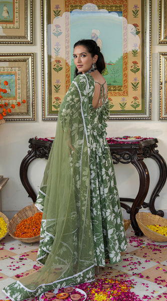 Alluring Green Floral Printed Anakali Suit Set with Dupatta