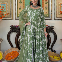 Alluring Green Floral Printed Anakali Suit Set with Dupatta