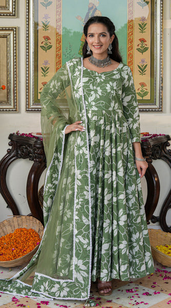 Alluring Green Floral Printed Anakali Suit Set with Dupatta