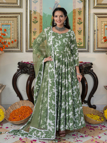 Alluring Green Floral Printed Anakali Suit Set with Dupatta