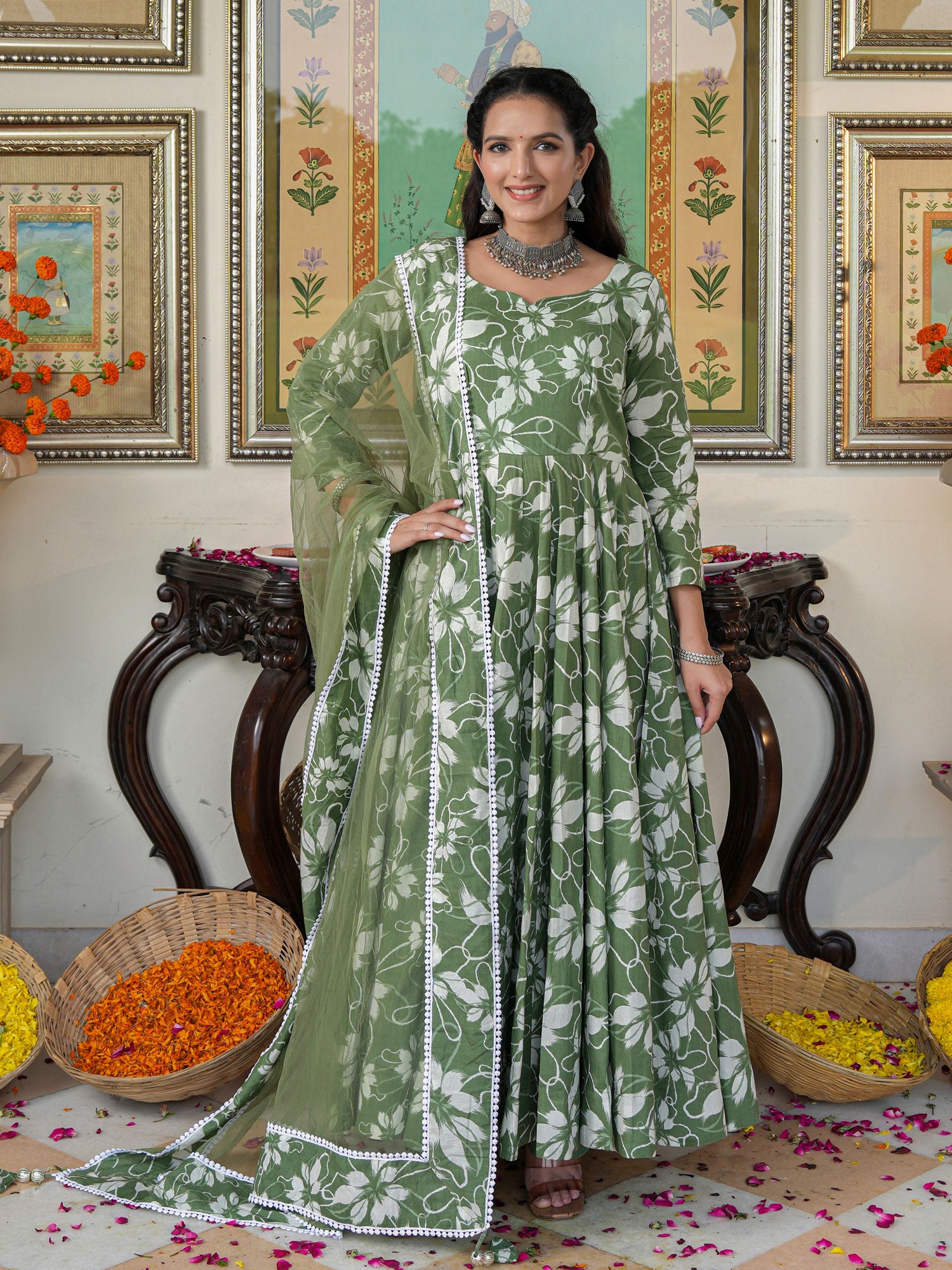 Alluring Green Floral Printed Anakali Suit Set with Dupatta - Indianvirasat