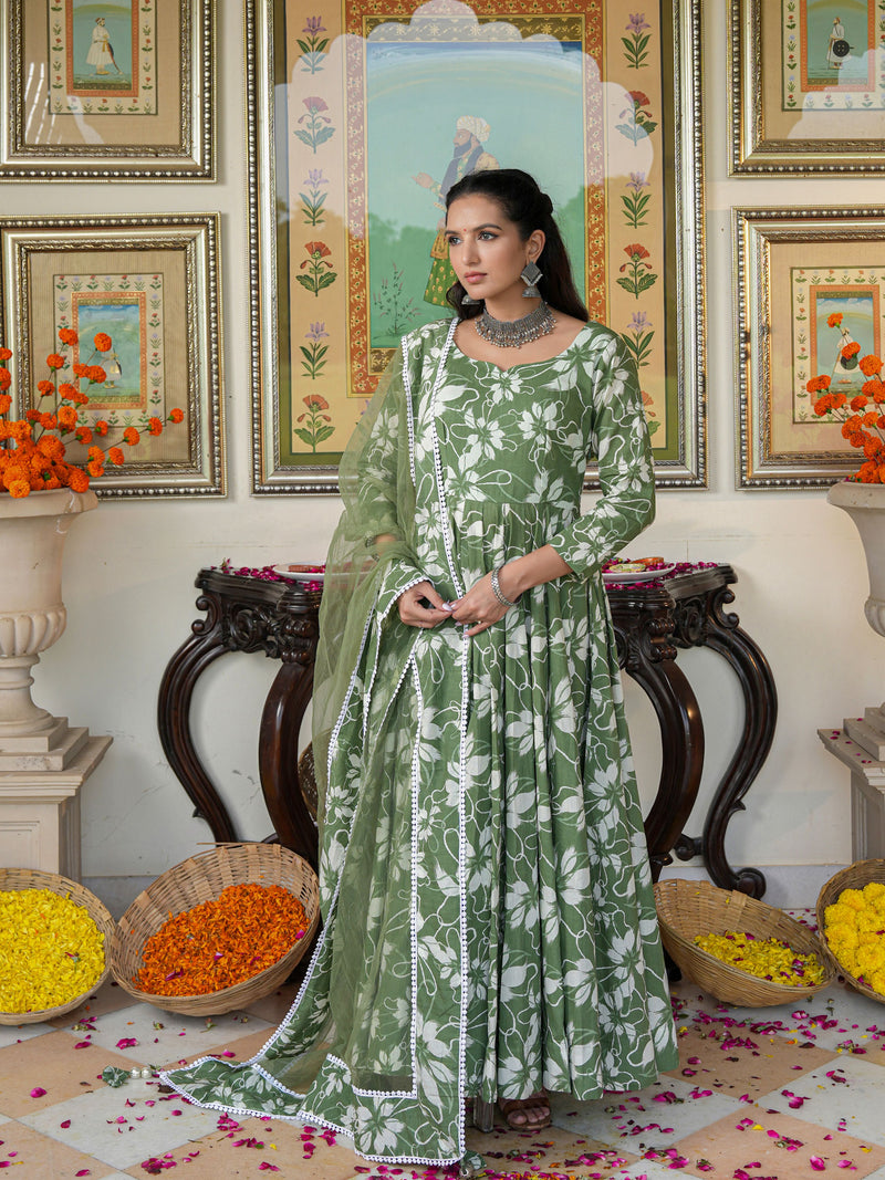 Alluring Green Floral Printed Anakali Suit Set with Dupatta