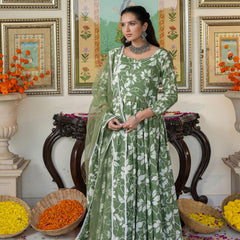 Alluring Green Floral Printed Anakali Suit Set with Dupatta