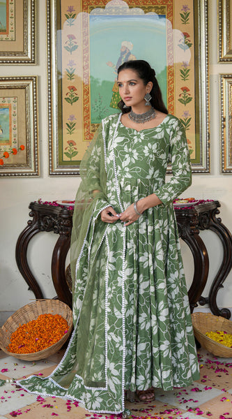 Alluring Green Floral Printed Anakali Suit Set with Dupatta