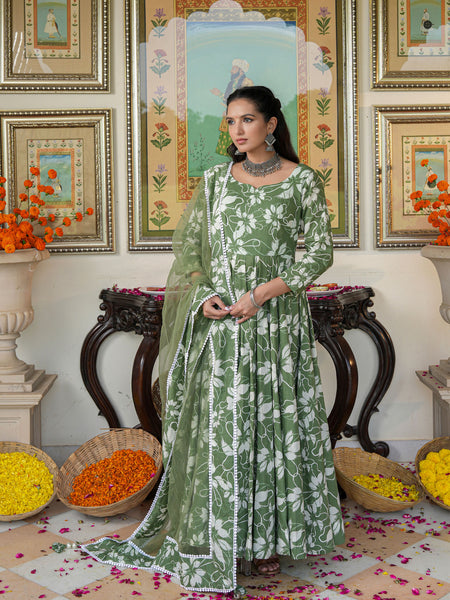 Alluring Green Floral Printed Anakali Suit Set with Dupatta