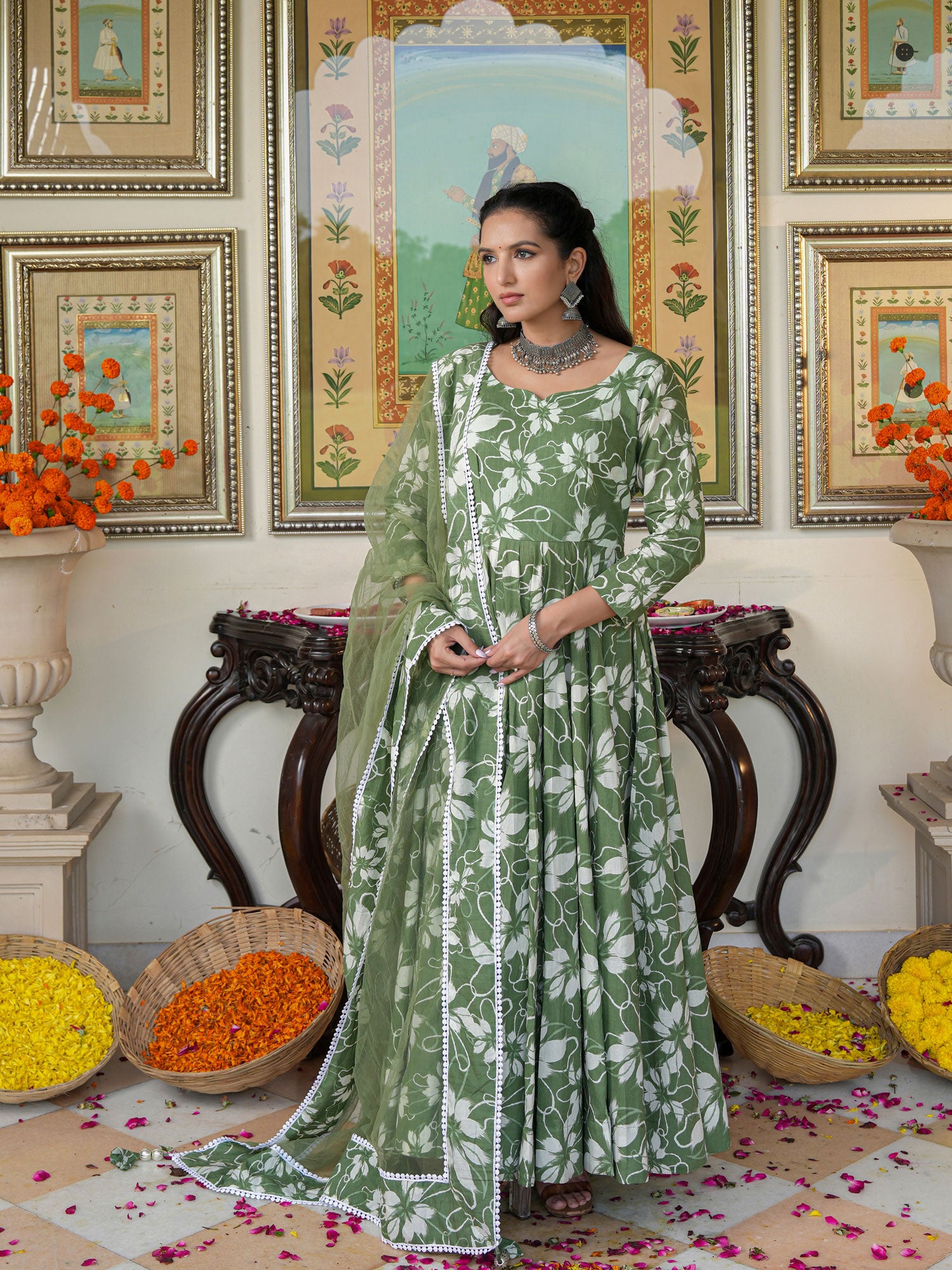 Alluring Green Floral Printed Anakali Suit Set with Dupatta - Indianvirasat
