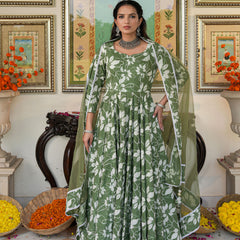 Alluring Green Floral Printed Anakali Suit Set with Dupatta
