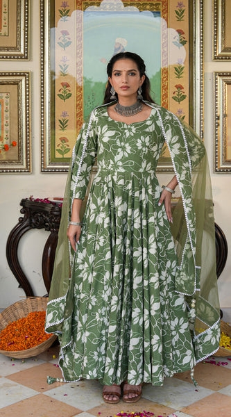 Alluring Green Floral Printed Anakali Suit Set with Dupatta