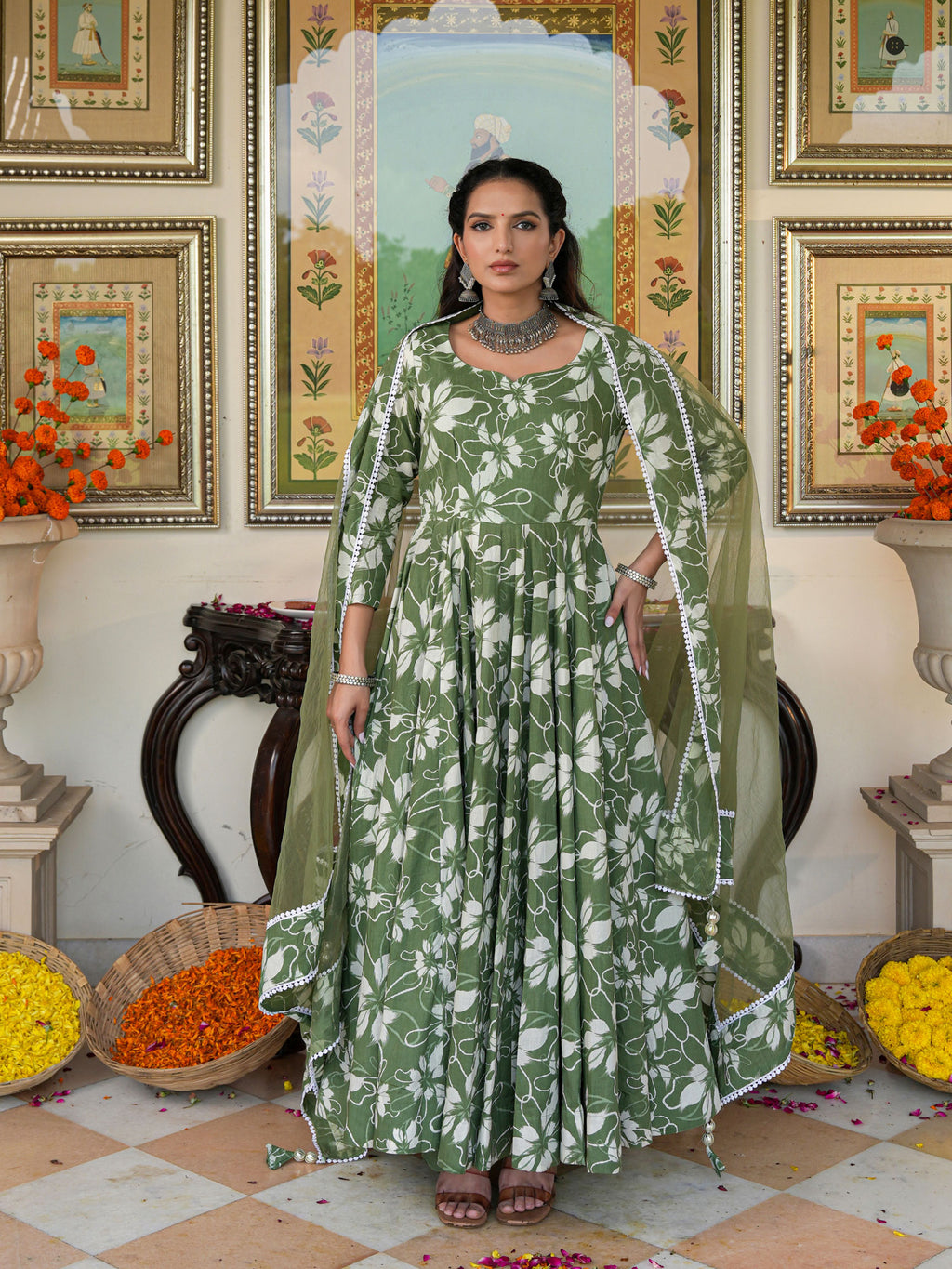 Alluring Green Floral Printed Anakali Suit Set with Dupatta - Indianvirasat