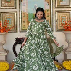 Alluring Green Floral Printed Anakali Suit Set with Dupatta