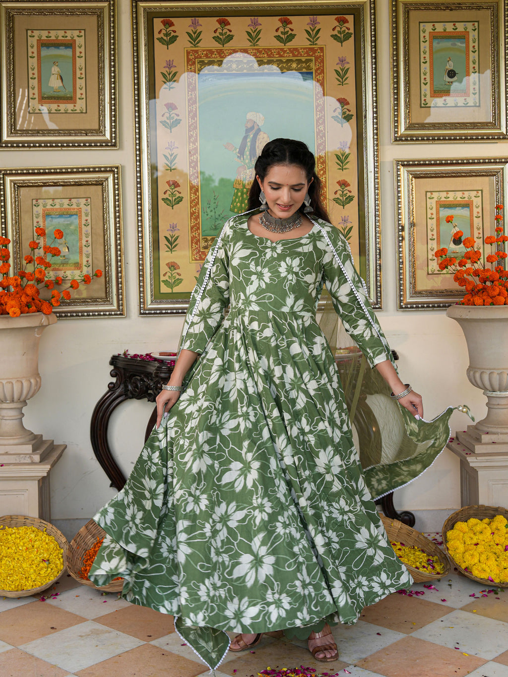 Alluring Green Floral Printed Anakali Suit Set with Dupatta - Indianvirasat