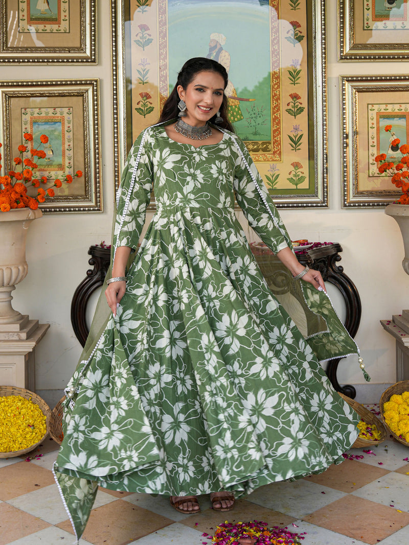 Alluring Green Floral Printed Anakali Suit Set with Dupatta