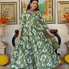 Alluring Green Floral Printed Anakali Suit Set with Dupatta