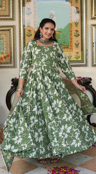Alluring Green Floral Printed Anakali Suit Set with Dupatta