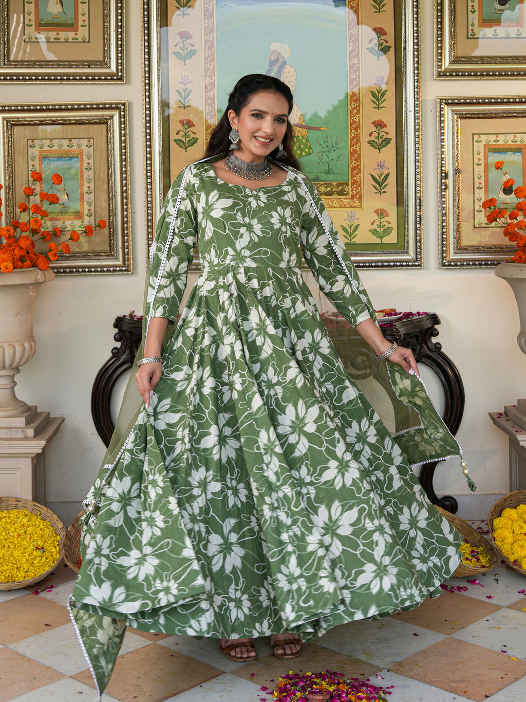 Alluring Green Floral Printed Anakali Suit Set with Dupatta - Indianvirasat
