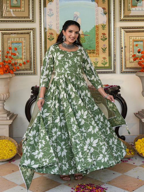 Alluring Green Floral Printed Anakali Suit Set with Dupatta - Indianvirasat