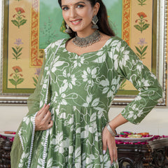 Alluring Green Floral Printed Anakali Suit Set with Dupatta