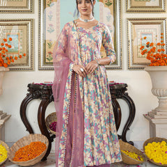 Multicolored Floral Print Anakali Suit Set with Dupatta