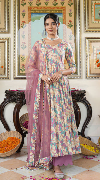 Multicolored Floral Print Anakali Suit Set with Dupatta