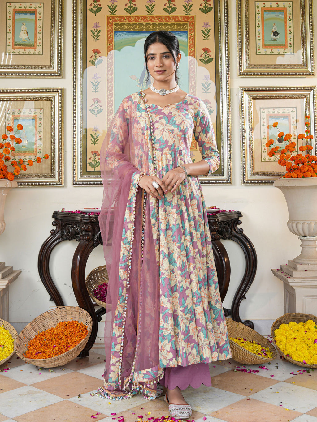 Multicolored Floral Print Anakali Suit Set with Dupatta - Indianvirasat
