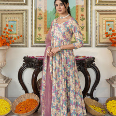 Multicolored Floral Print Anakali Suit Set with Dupatta