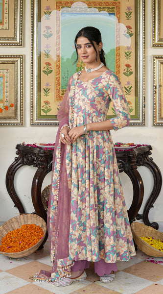Multicolored Floral Print Anakali Suit Set with Dupatta