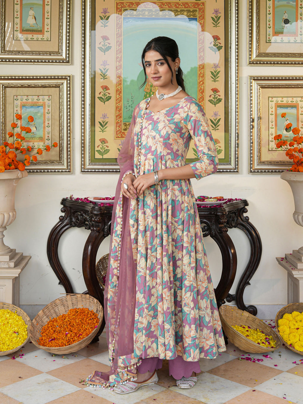 Multicolored Floral Print Anakali Suit Set with Dupatta - Indianvirasat
