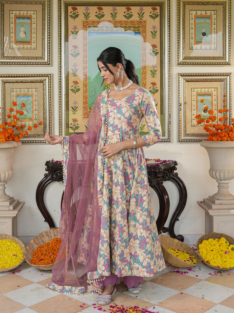 Multicolored Floral Print Anakali Suit Set with Dupatta