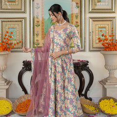 Multicolored Floral Print Anakali Suit Set with Dupatta