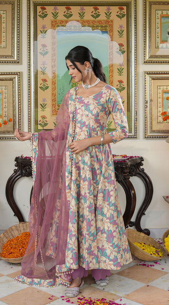 Multicolored Floral Print Anakali Suit Set with Dupatta
