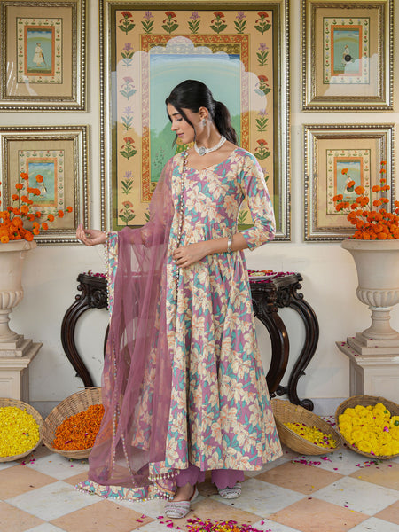Multicolored Floral Print Anakali Suit Set with Dupatta