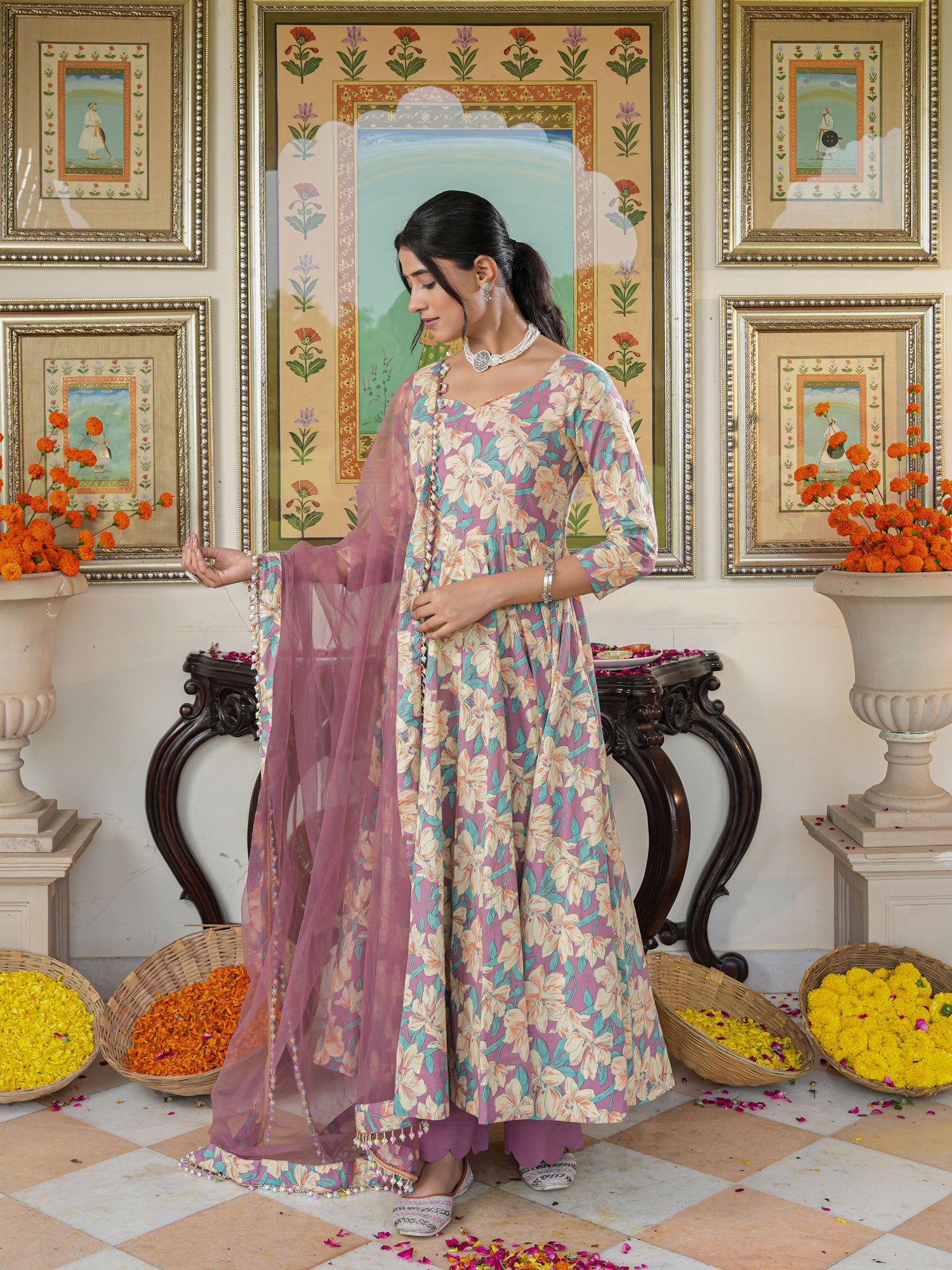 Multicolored Floral Print Anakali Suit Set with Dupatta - Indianvirasat