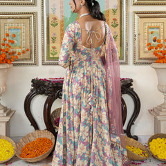 Multicolored Floral Print Anakali Suit Set with Dupatta