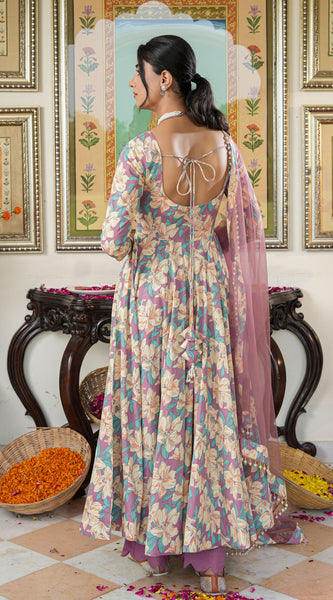 Multicolored Floral Print Anakali Suit Set with Dupatta