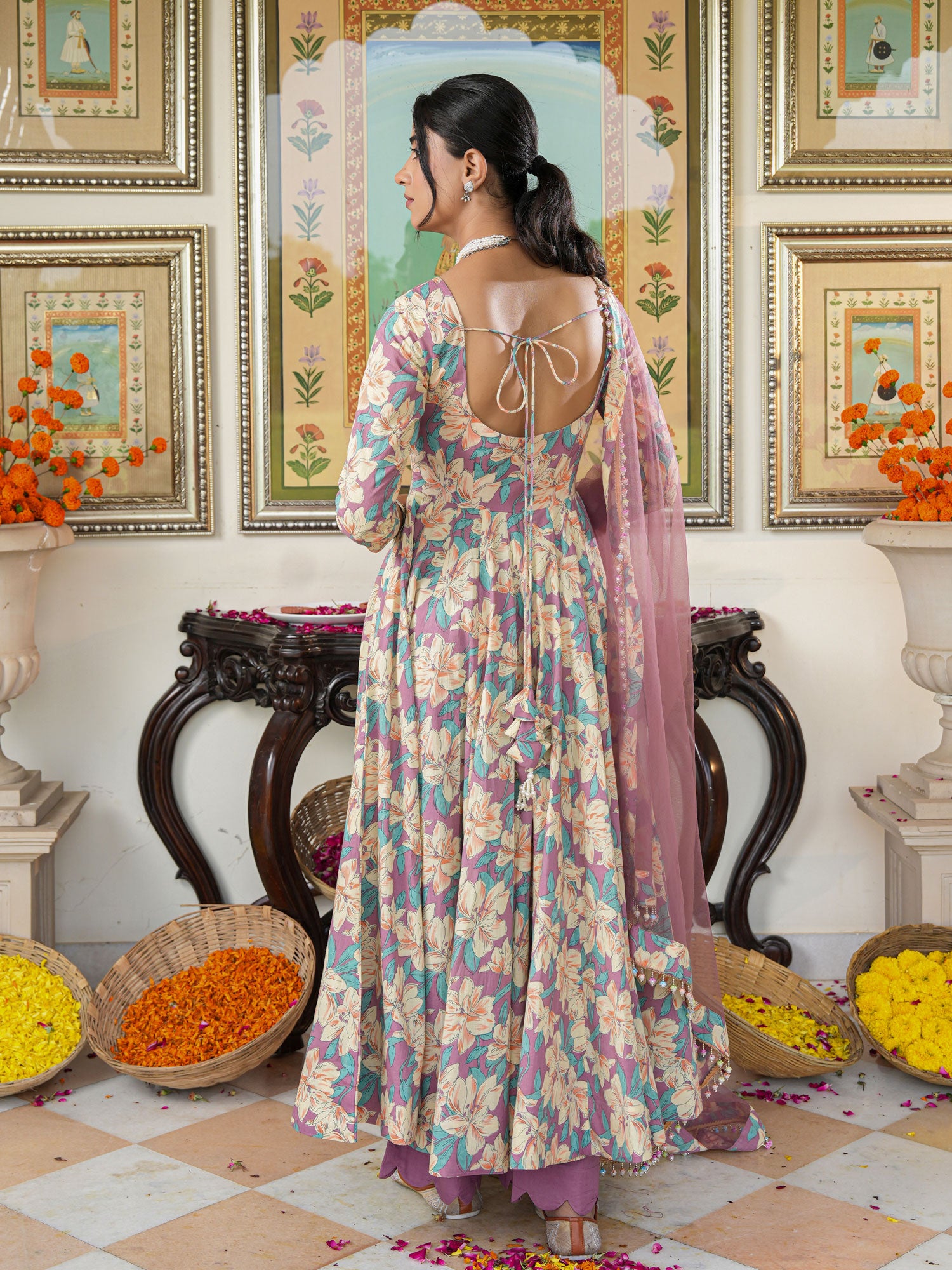 Multicolored Floral Print Anakali Suit Set with Dupatta - Indianvirasat