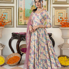 Multicolored Floral Print Anakali Suit Set with Dupatta