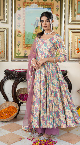 Multicolored Floral Print Anakali Suit Set with Dupatta