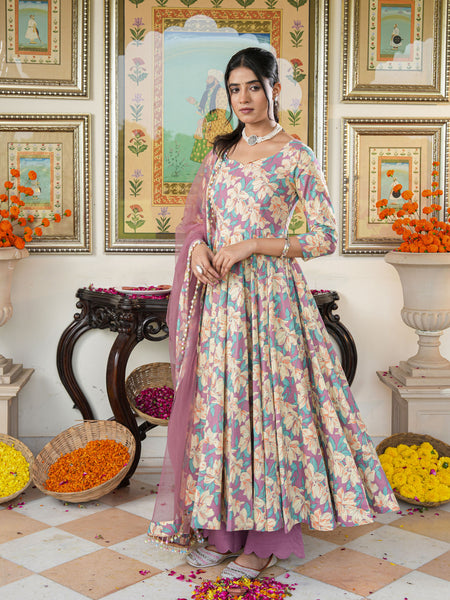 Multicolored Floral Print Anakali Suit Set with Dupatta