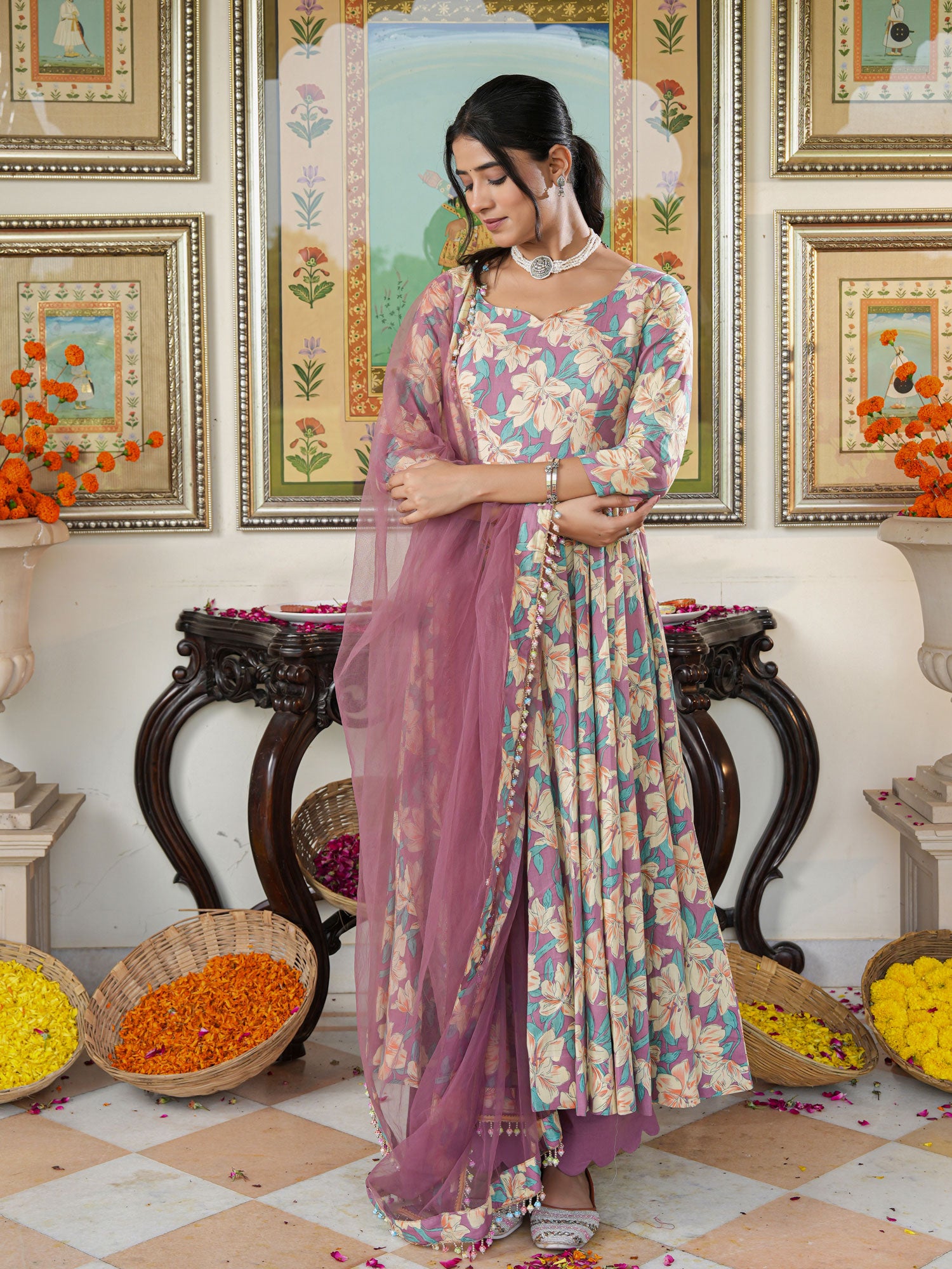 Multicolored Floral Print Anakali Suit Set with Dupatta - Indianvirasat