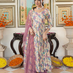 Multicolored Floral Print Anakali Suit Set with Dupatta