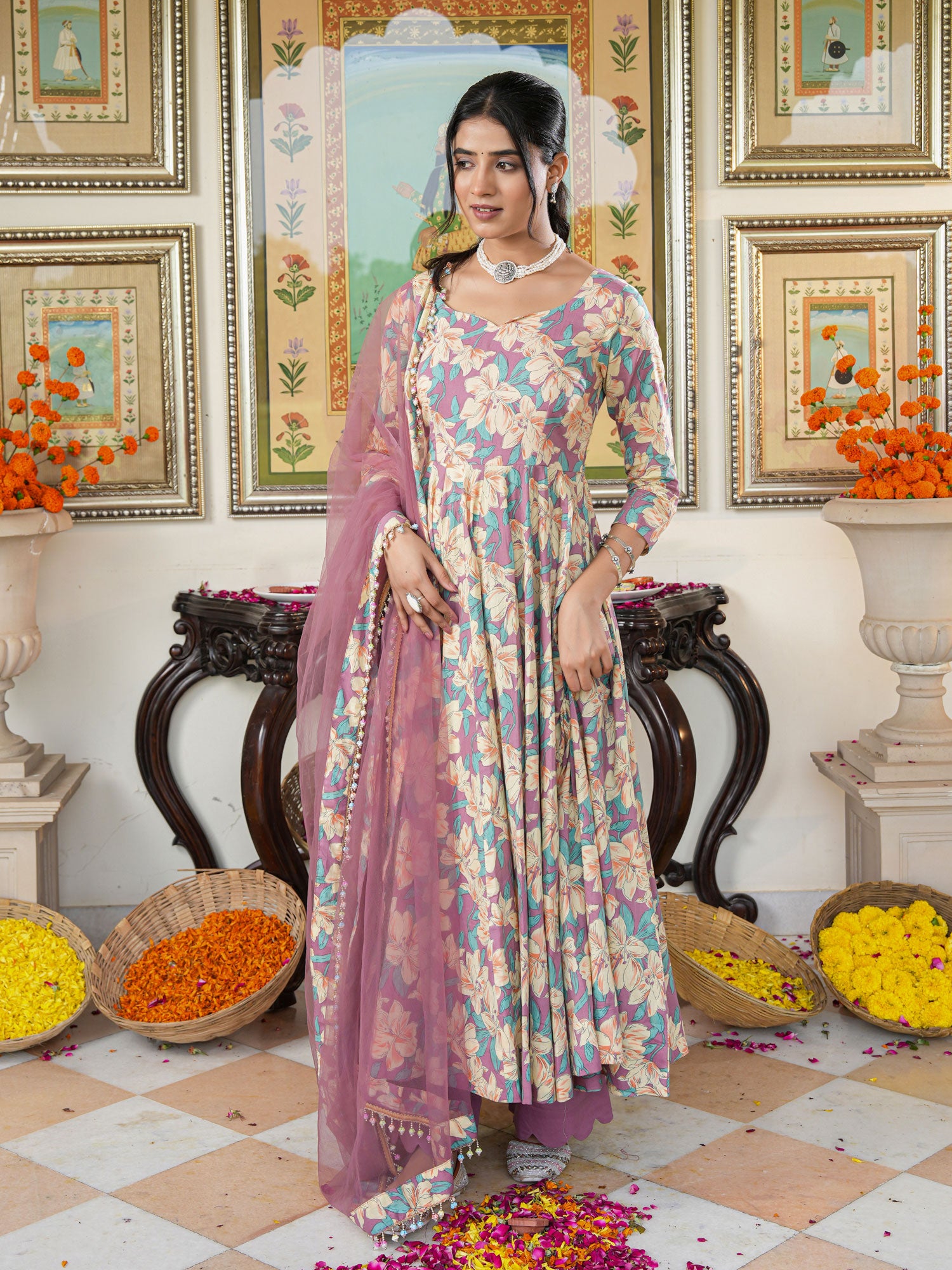 Multicolored Floral Print Anakali Suit Set with Dupatta - Indianvirasat