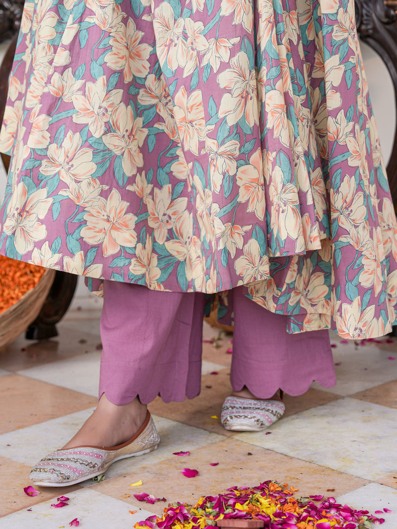 Multicolored Floral Print Anakali Suit Set with Dupatta