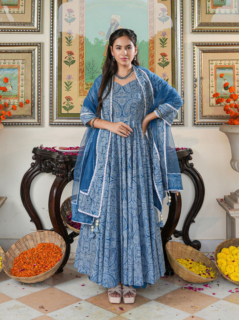 Marshall Blue Printed Anakali Suit Set with Dupatta