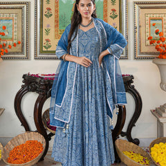 Marshall Blue Printed Anakali Suit Set with Dupatta