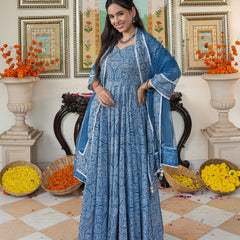 Marshall Blue Printed Anakali Suit Set with Dupatta