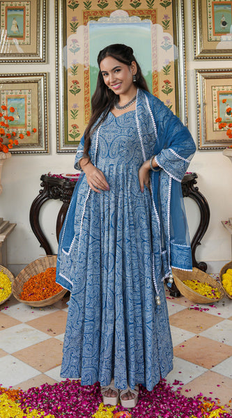 Marshall Blue Printed Anakali Suit Set with Dupatta