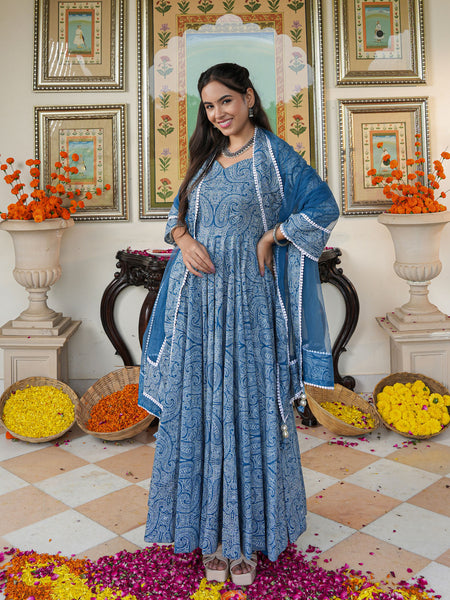 Marshall Blue Printed Anakali Suit Set with Dupatta