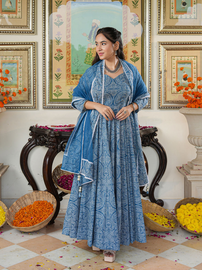 Marshall Blue Printed Anakali Suit Set with Dupatta