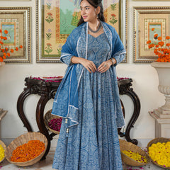 Marshall Blue Printed Anakali Suit Set with Dupatta