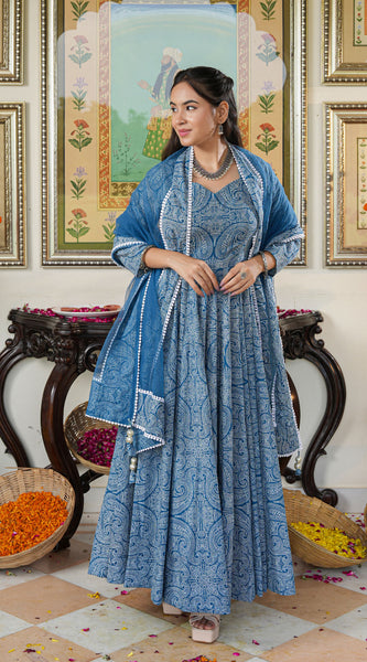 Marshall Blue Printed Anakali Suit Set with Dupatta